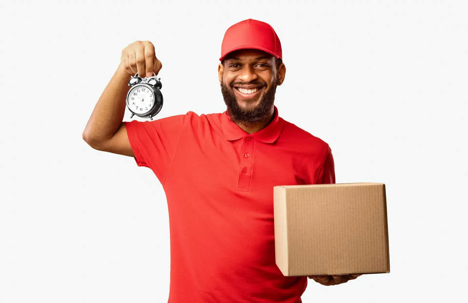 Courier in red shirt holding a clock and package
